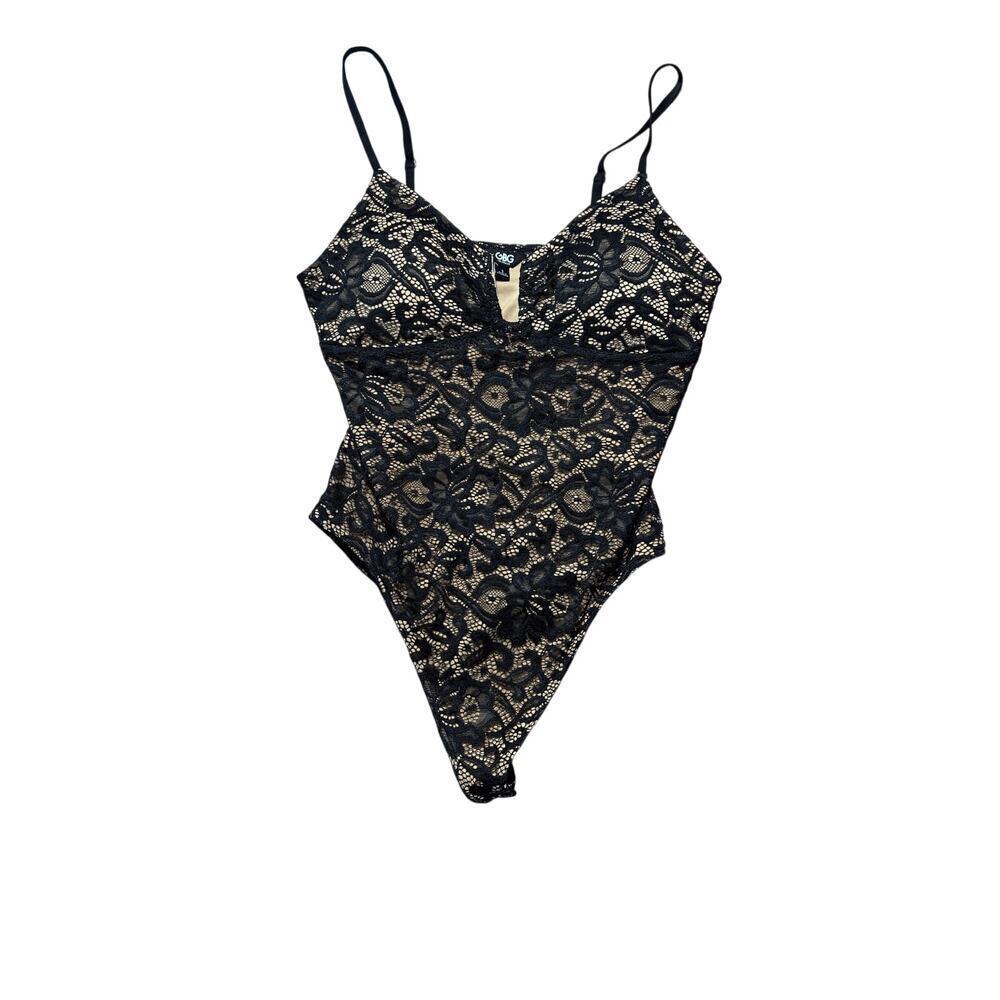 GBG Los Angeles Lace Thong Bodysuit Black Nude Size S
